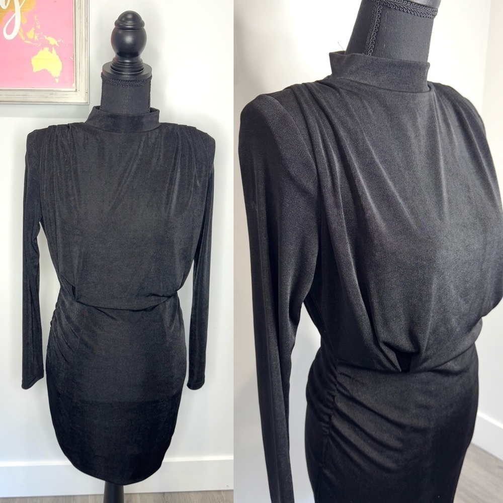 Mable Black Long Sleeve Padded Shoulders Cowl Neck Dress (S)
